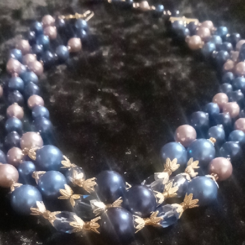 Vintage Blue and Gold Multi-Strand Necklace Weighted Perfect